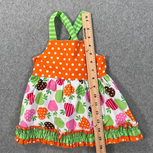 Rare Editions Apple Shirt Ruffle Smocked Girls 3T Orange Green Pink Polka Dot - Picture 3 of 7